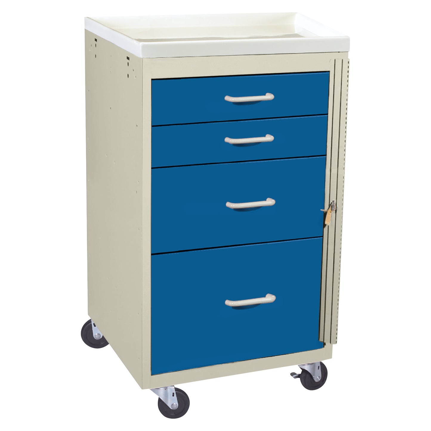 AliMed Mini Series 4-Drawer Emergency Cart with blue drawers, beige frame, and four wheels, featuring a locking mechanism.