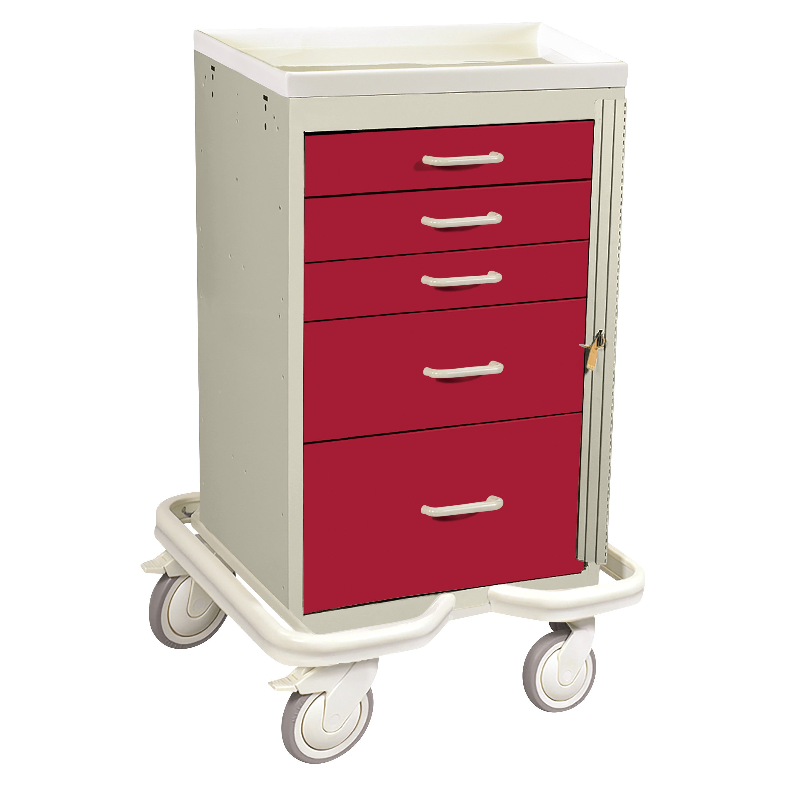 The AliMed Mini Series 5-Drawer Emergency Tower Cart features a beige frame with red drawers and four wheels for mobility.