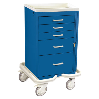 The AliMed Mini Series 5-Drawer Emergency Tower Cart is blue with a white top and mounted on four wheels for mobility.