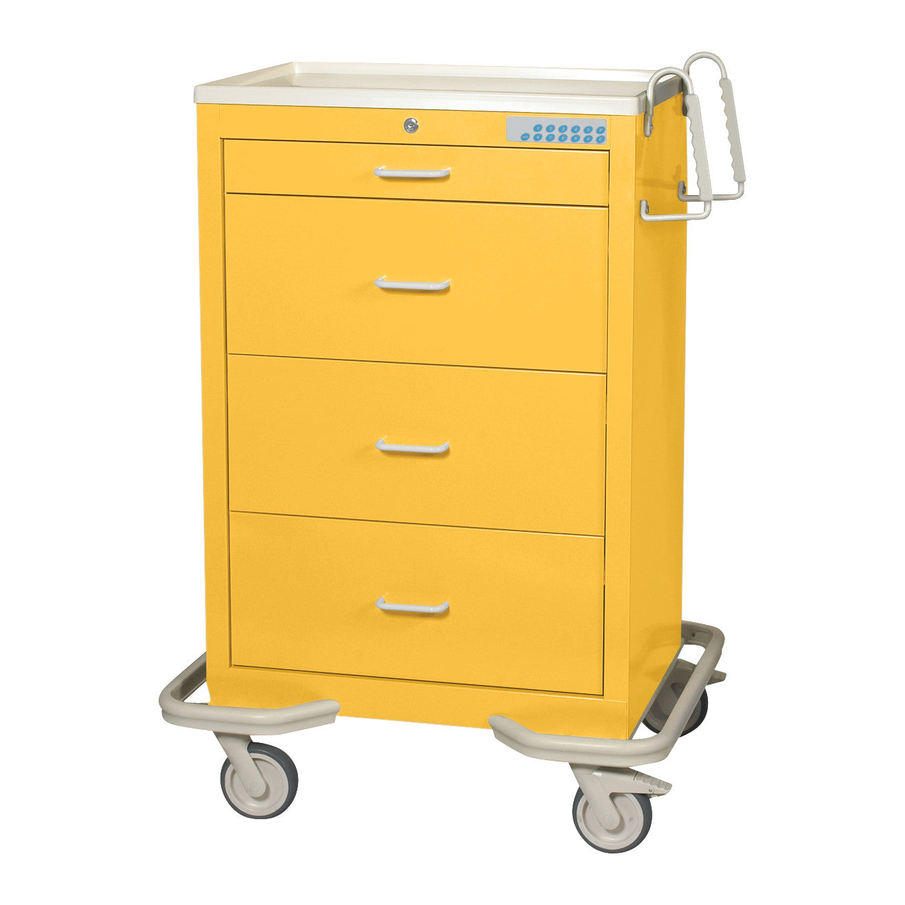 Yellow AliMed Standard Series 4-Drawer Isolation Cart with Electronic Lock, featuring four drawers and wheels for mobility.