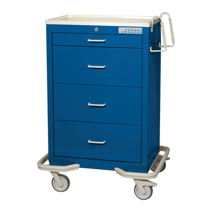 Blue "AliMed Standard Series 4-Drawer Isolation Cart with Electronic Lock" featuring a keypad, four drawers, and wheels.