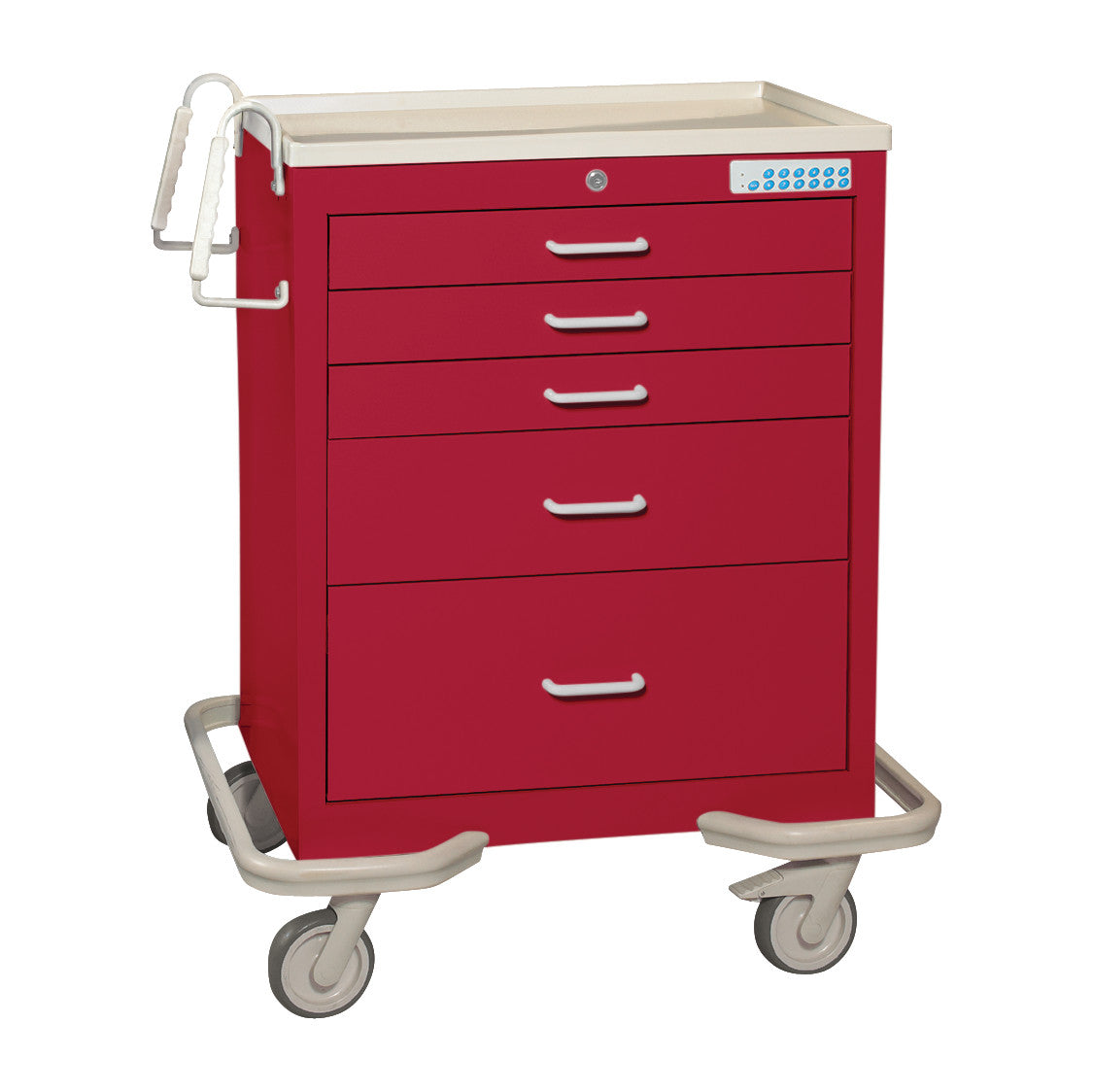 Red AliMed Standard Series 5-Drawer Anesthesia/Procedure Cart with electronic lock, featuring flexible handles and large wheels.