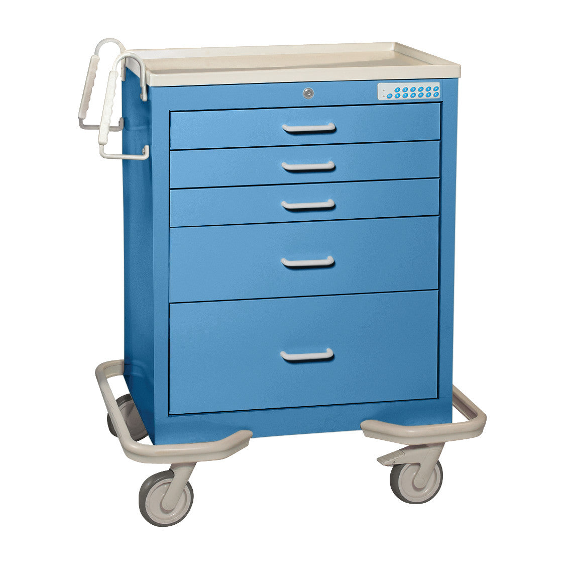 Blue AliMed Standard Series 5-Drawer Anesthesia/Procedure Cart with Electronic Lock, featuring white handles and caster wheels.