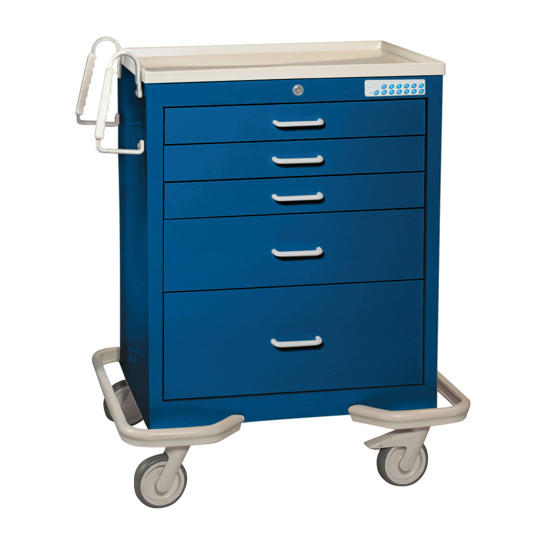 Blue AliMed Standard Series 5-Drawer Anesthesia/Procedure Cart with Electronic Lock, featuring a white top and a side handle.