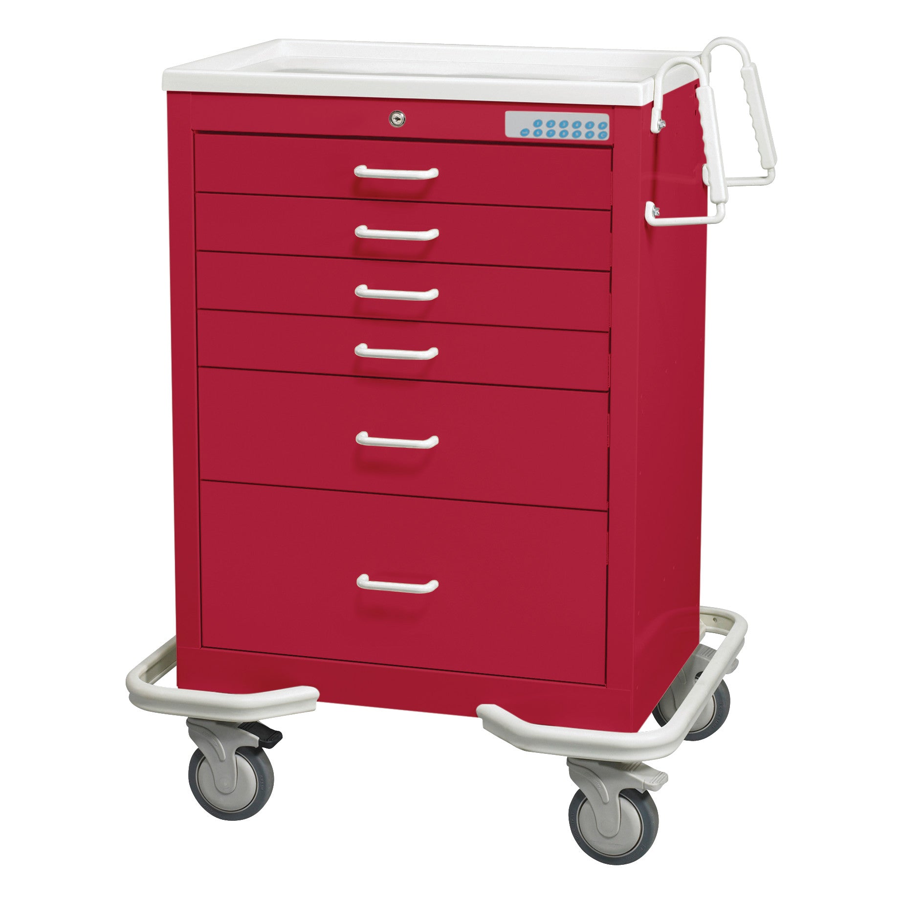 Red AliMed Standard Series 6-Drawer Anesthesia/Procedure Cart with Electronic Lock, 27" drawer space, on wheels with a handle.