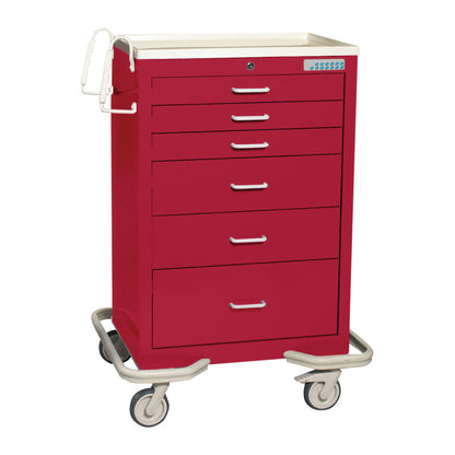 Red AliMed Standard Series 6-Drawer Anesthesia/Procedure Cart with Electronic Lock, featuring 30" drawer space and swivel wheels.