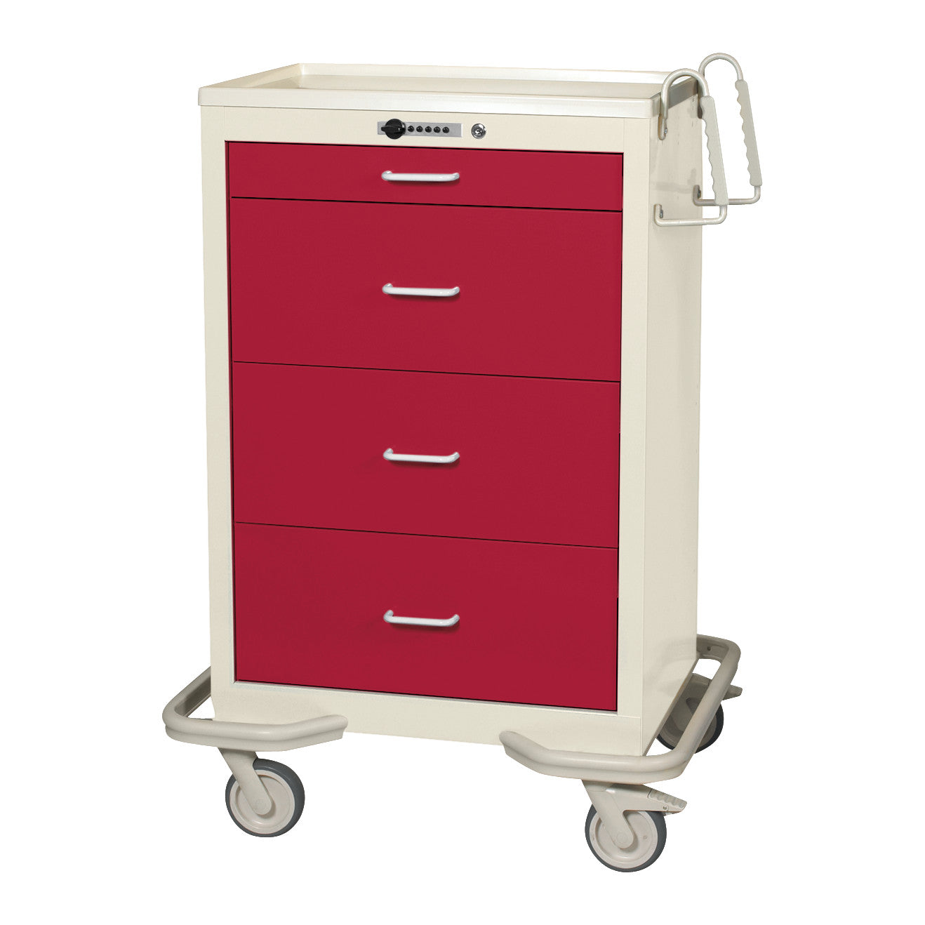 AliMed Standard Series 4-Drawer Isolation Cart with Push-Button Lock, featuring red drawers, white frame, and wheeled base.