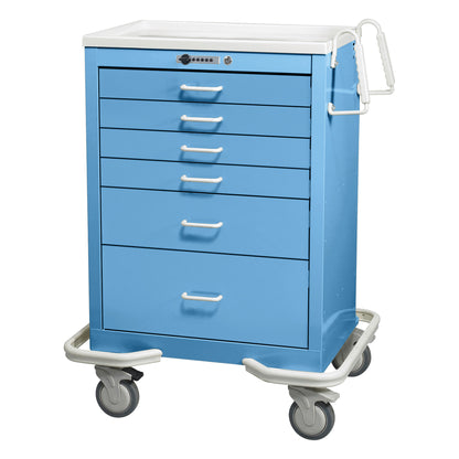 Blue AliMed Standard Series 6-Drawer Anesthesia/Procedure Cart with Push-Button Lock, featuring 27" drawer space and wheels.