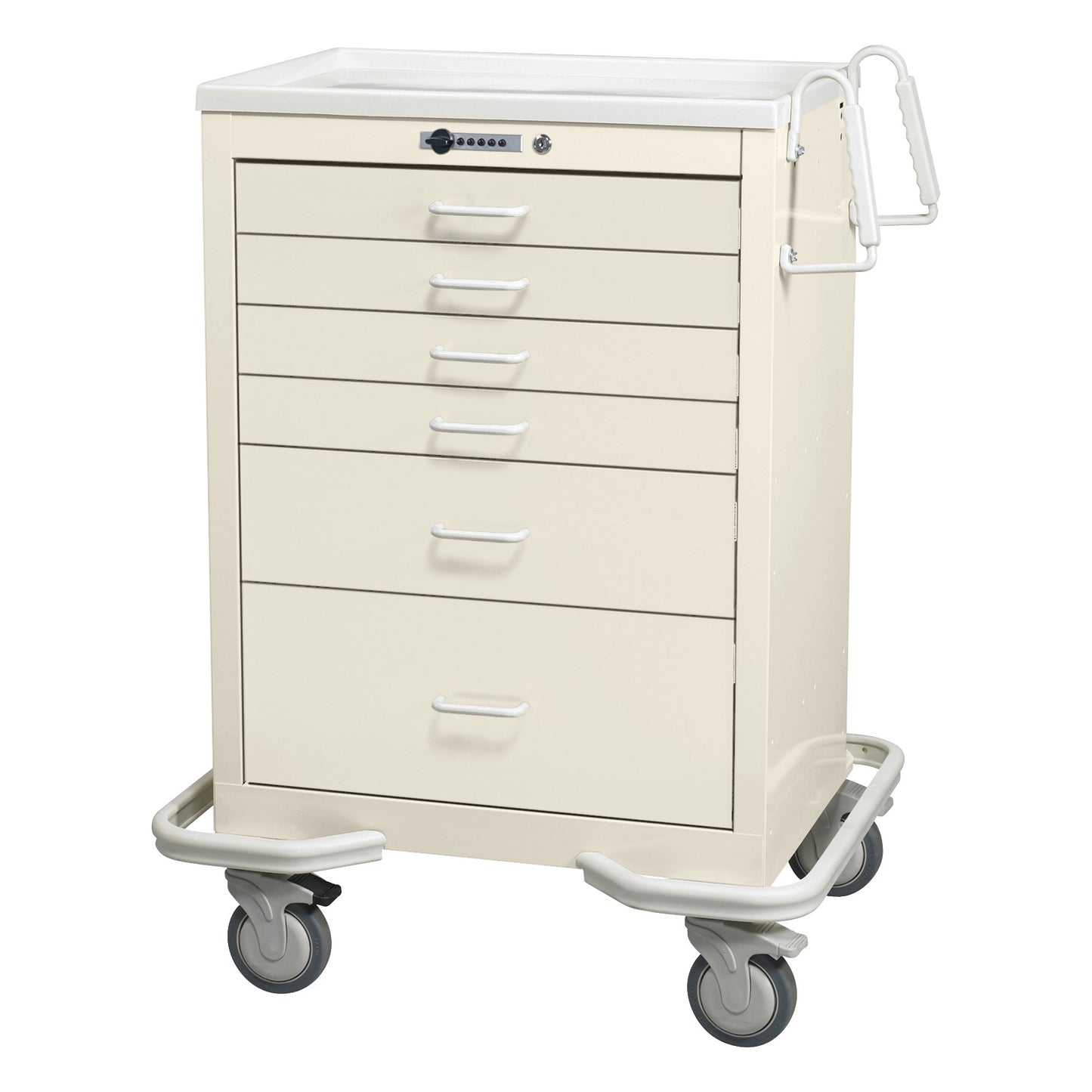 This is the AliMed Standard Series 6-Drawer Anesthesia/Procedure Cart with Push-Button Lock, featuring 27" of drawer space.