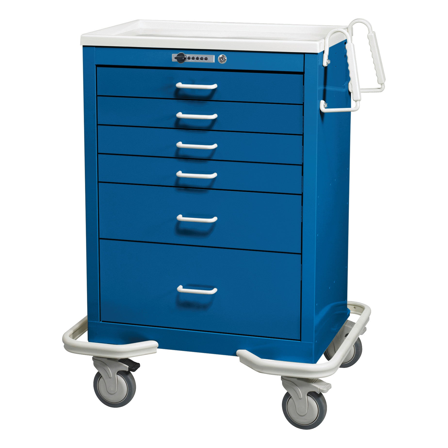 Blue AliMed Standard Series 6-Drawer Anesthesia/Procedure Cart with Push-Button Lock, 27" drawer space, on wheels with a handle.