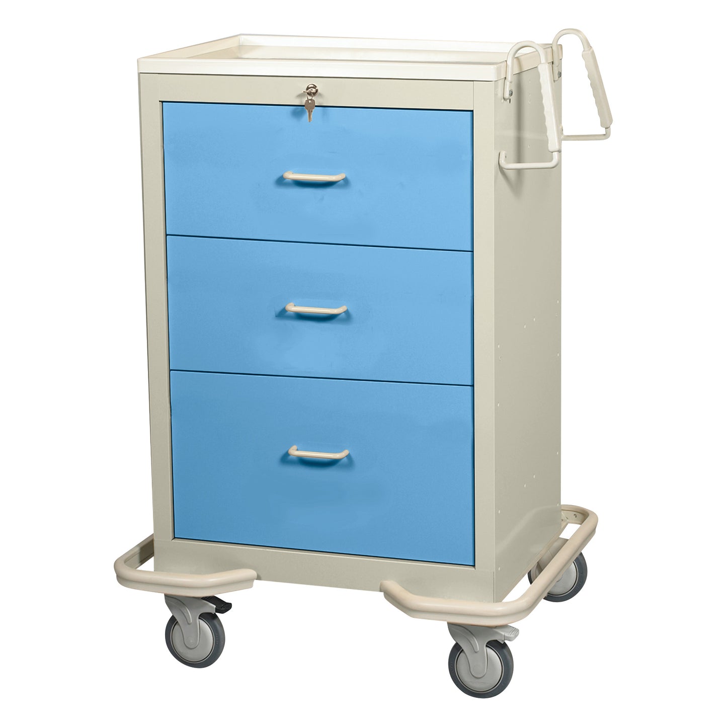 AliMed Standard Series 3-Drawer Isolation Cart with Key Lock features a white frame, blue drawers, wheels, and a handle.