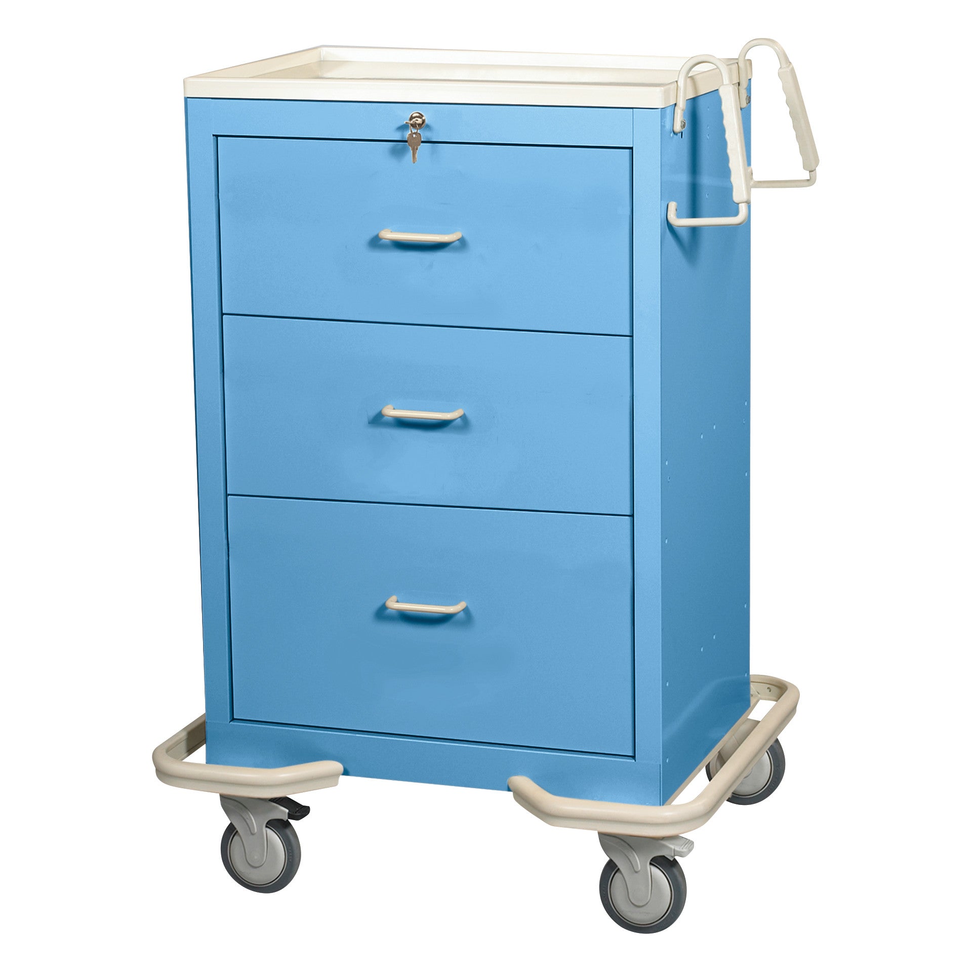 The AliMed Standard Series 3-Drawer Isolation Cart with Key Lock is blue, has three drawers, and is on wheels with a handle.