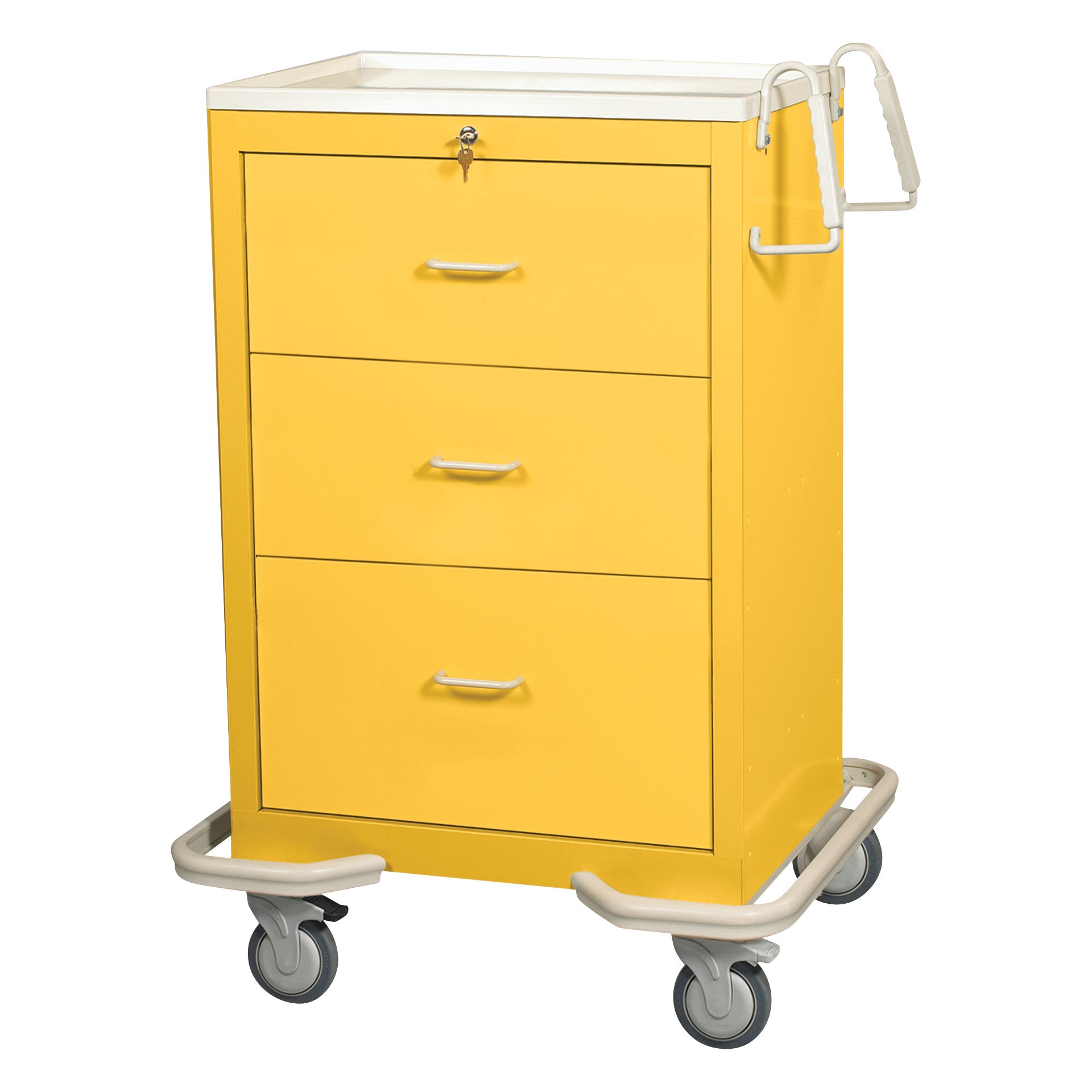 Yellow AliMed Standard Series 3-Drawer Isolation Cart with Key Lock, featuring three drawers and sturdy wheels for mobility.
