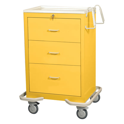 Yellow AliMed Standard Series 3-Drawer Isolation Cart with Key Lock, featuring three drawers and sturdy wheels for mobility.