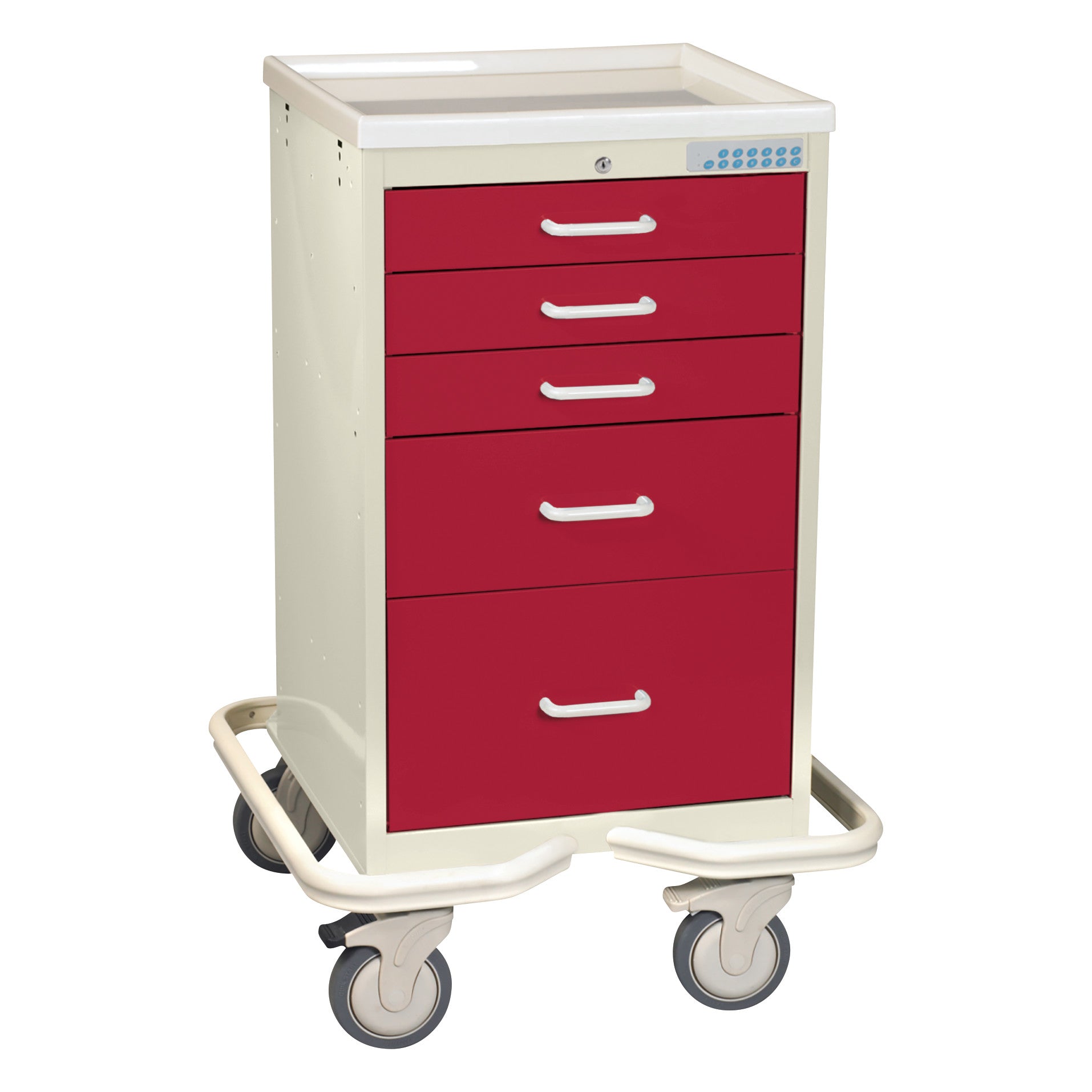AliMed Mini Series 5-Drawer Anesthesia/Procedure Tower Cart with Electronic Lock, featuring red drawers and swivel wheels.