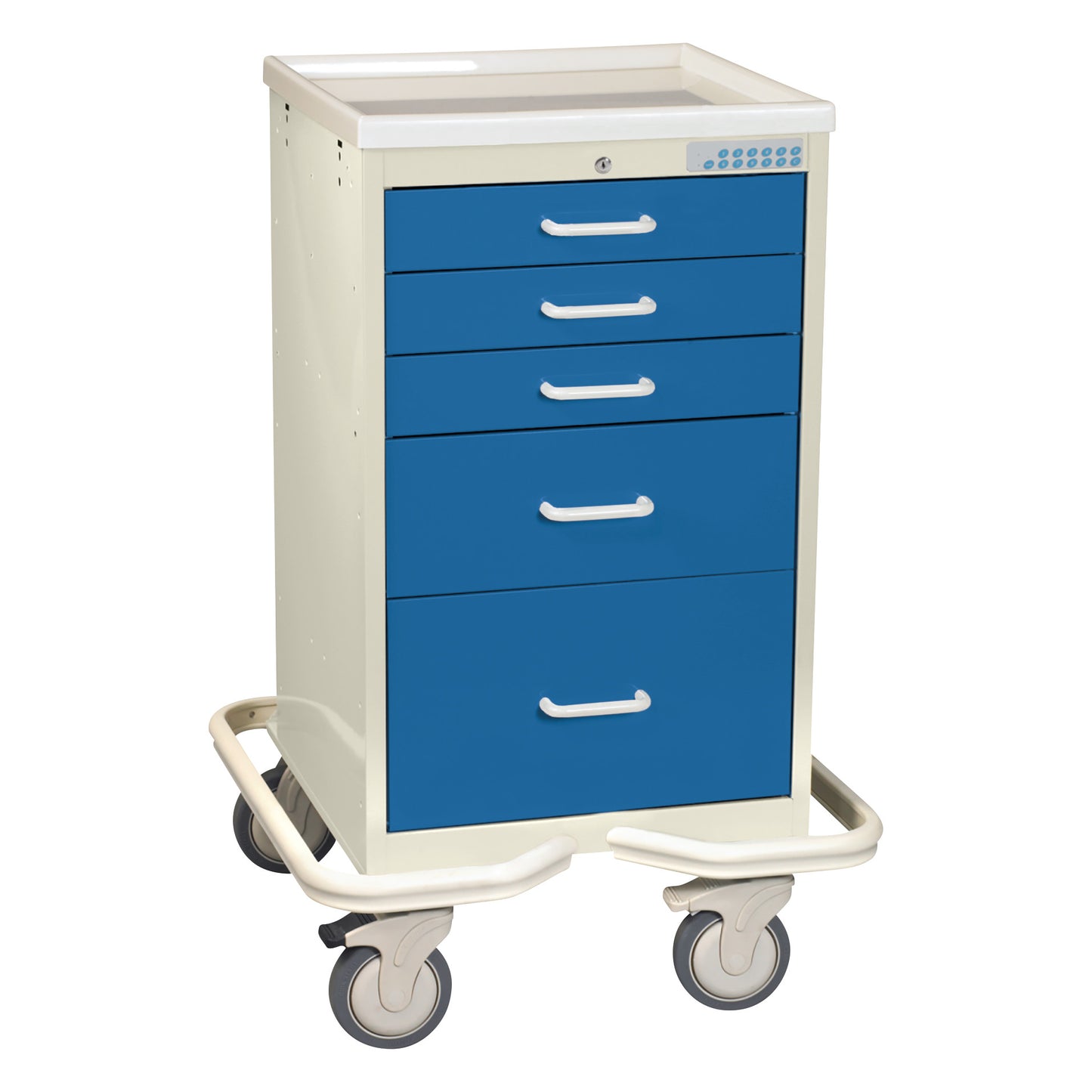 AliMed Mini Series 5-Drawer Anesthesia/Procedure Tower Cart with Electronic Lock. It has blue drawers and caster wheels.