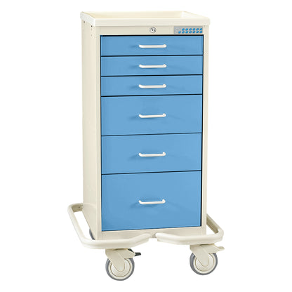 AliMed Mini Series 6-Drawer Anesthesia/Procedure Tower Cart with Electronic Lock, featuring blue drawers and caster wheels.
