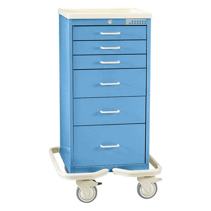 AliMed Mini Series 6-Drawer Anesthesia/Procedure Tower Cart with Electronic Lock in blue, featuring six drawers and caster wheels.