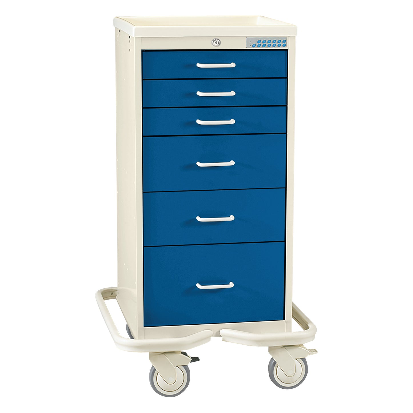 AliMed Mini Series 6-Drawer Anesthesia/Procedure Tower Cart with Electronic Lock, featuring blue drawers and caster wheels.