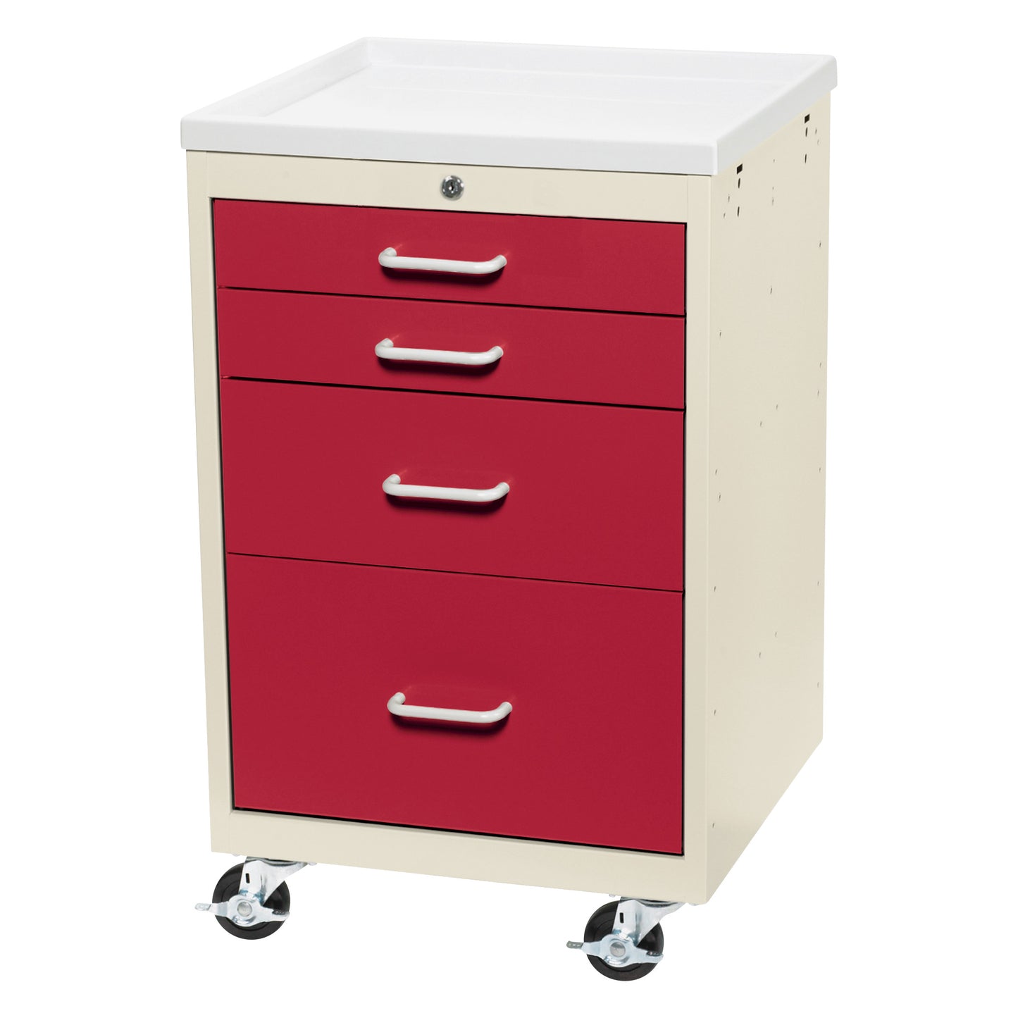 AliMed Mini Series 4-Drawer Anesthesia/Procedure Cart with Key Lock, featuring red drawers, white handles, and four wheels.