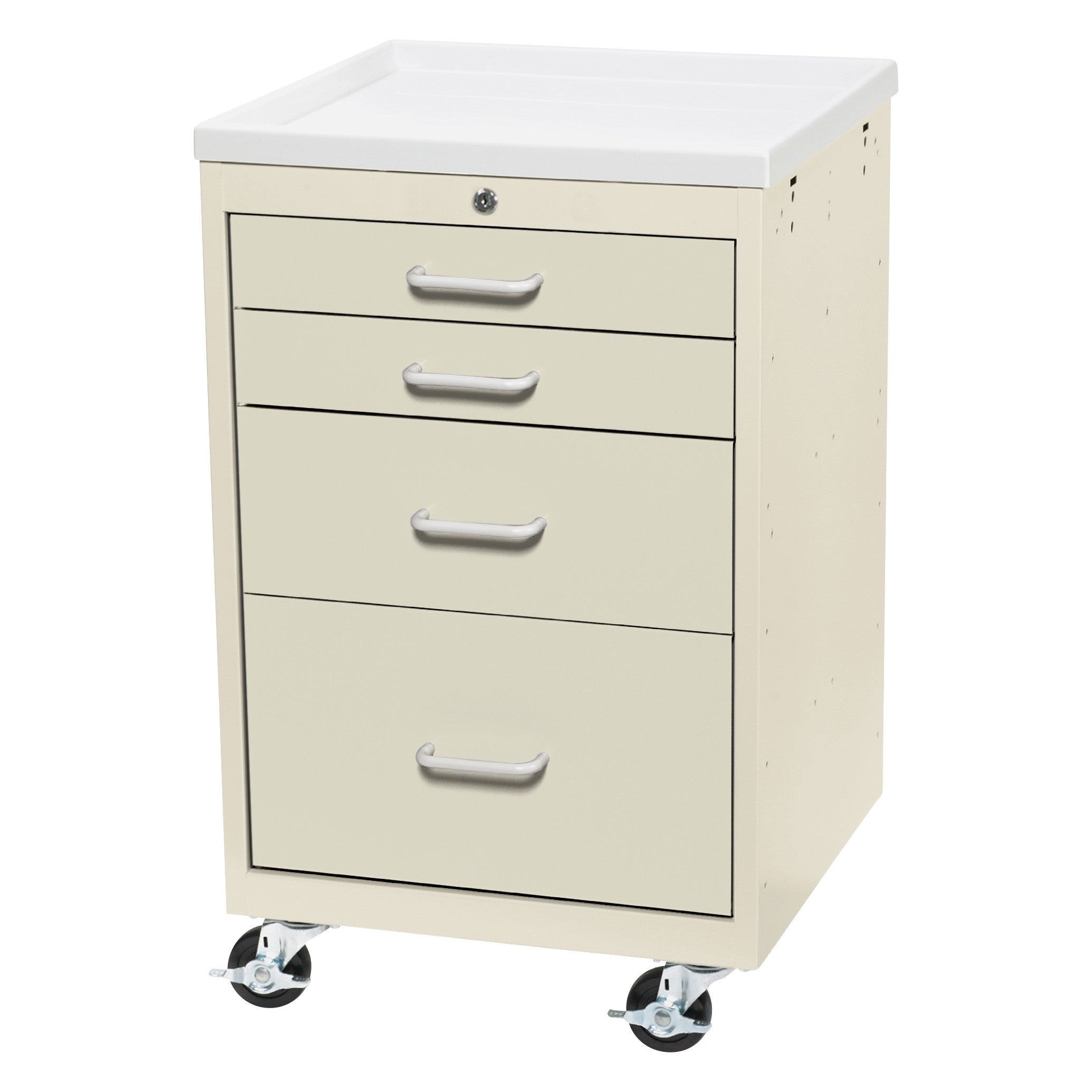 AliMed Mini Series 4-Drawer Anesthesia/Procedure Cart with Key Lock, featuring four drawers and wheels for mobility.
