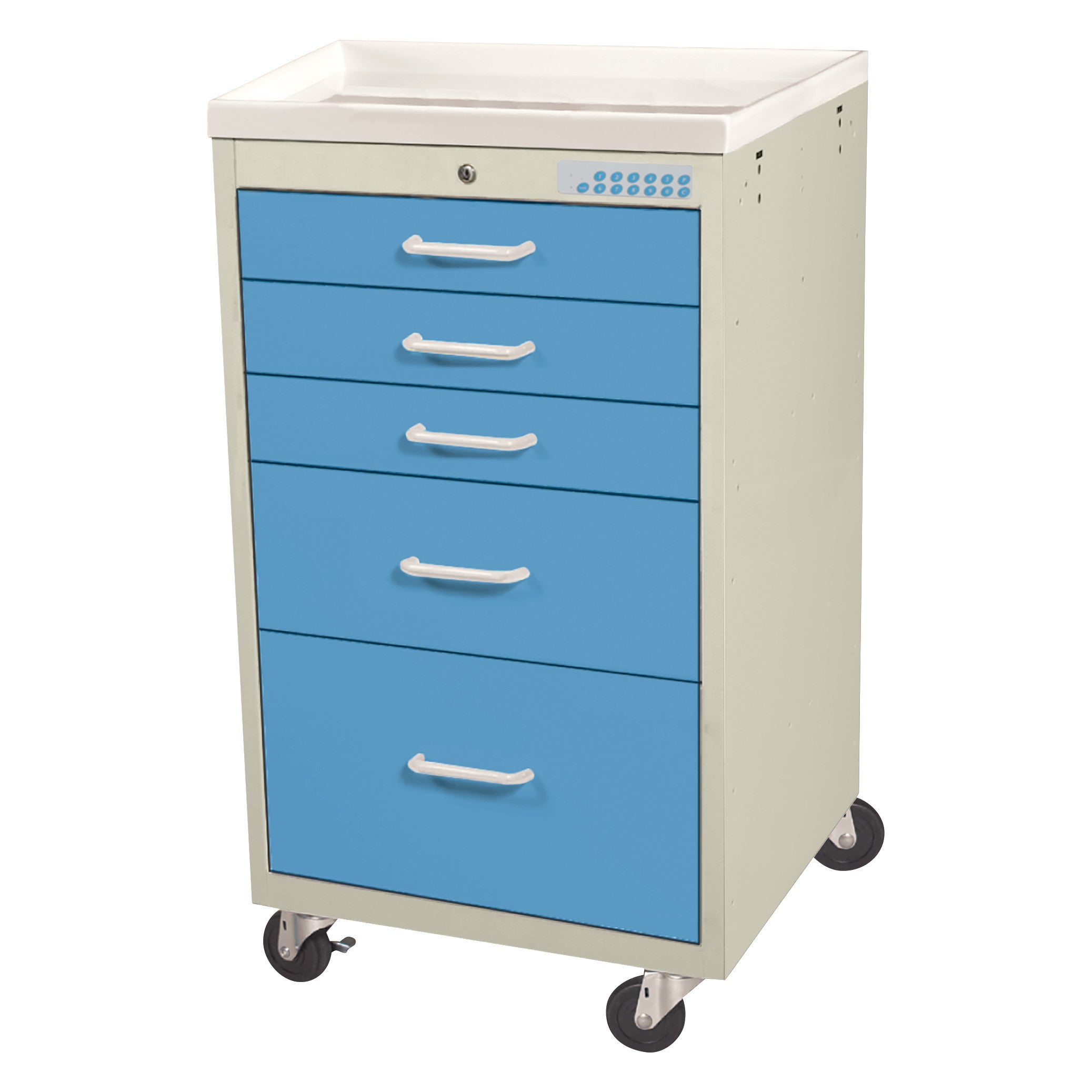 AliMed Mini Series 5-Drawer Anesthesia/Procedure Cart with Electronic Lock, featuring blue drawers and caster wheels.