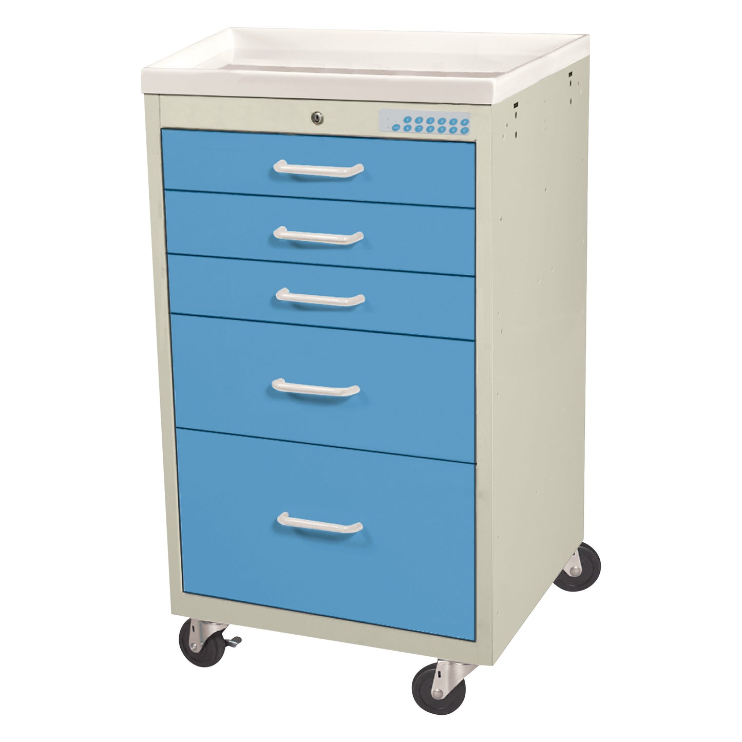 AliMed Mini Series 5-Drawer Anesthesia/Procedure Cart with Electronic Lock, featuring blue drawers and caster wheels.