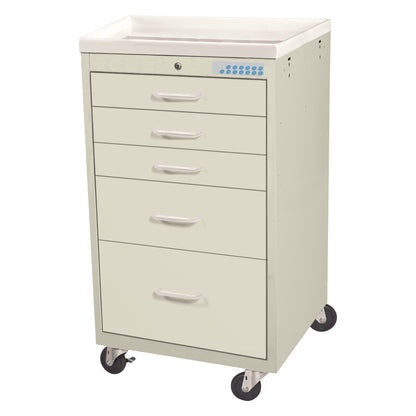 The AliMed Mini Series 5-Drawer Anesthesia/Procedure Cart features an electronic lock and wheels for mobility.