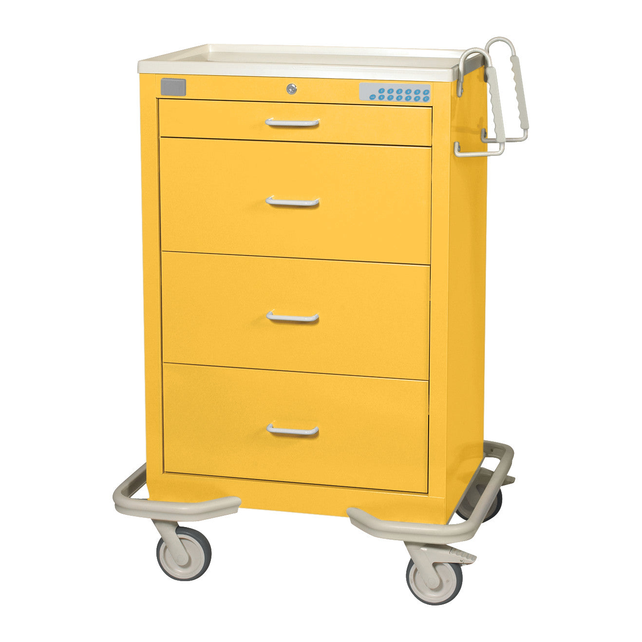 Yellow AliMed Standard Series 4-Drawer Isolation Cart with Proximity Lock, featuring a handle and wheels for mobility.