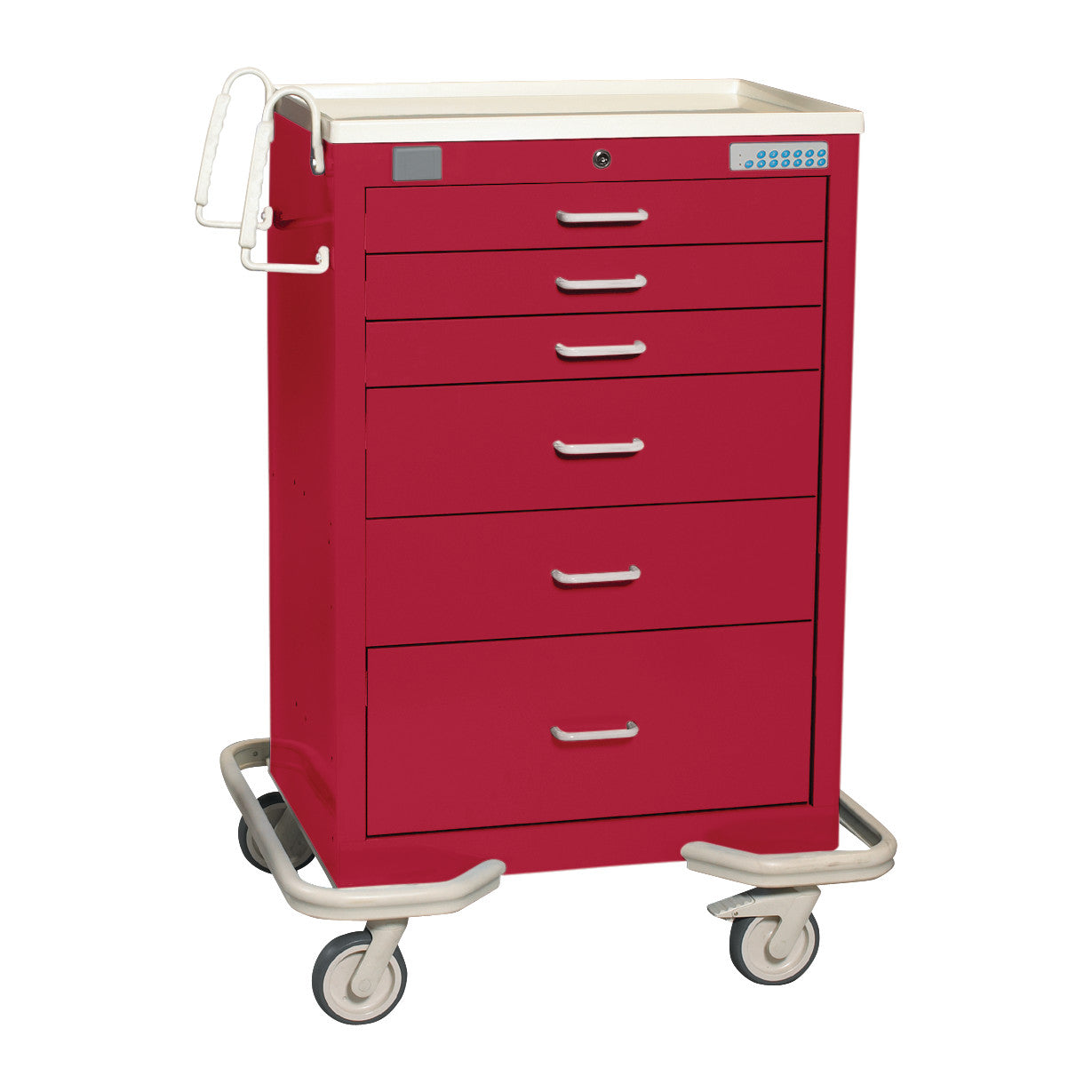 Red 6-drawer AliMed Standard Series Anesthesia/Procedure Cart with Proximity Lock, 30" drawer space, on wheels for mobility.