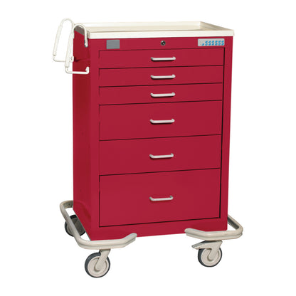 Red 6-drawer AliMed Standard Series Anesthesia/Procedure Cart with Proximity Lock, 30" drawer space, on wheels for mobility.