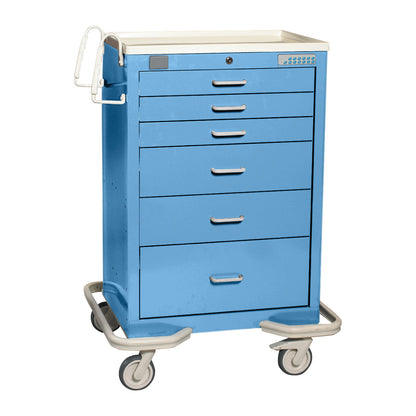 Blue AliMed Standard Series 6-Drawer Anesthesia/Procedure Cart with Proximity Lock, featuring 30" drawer space and caster wheels.