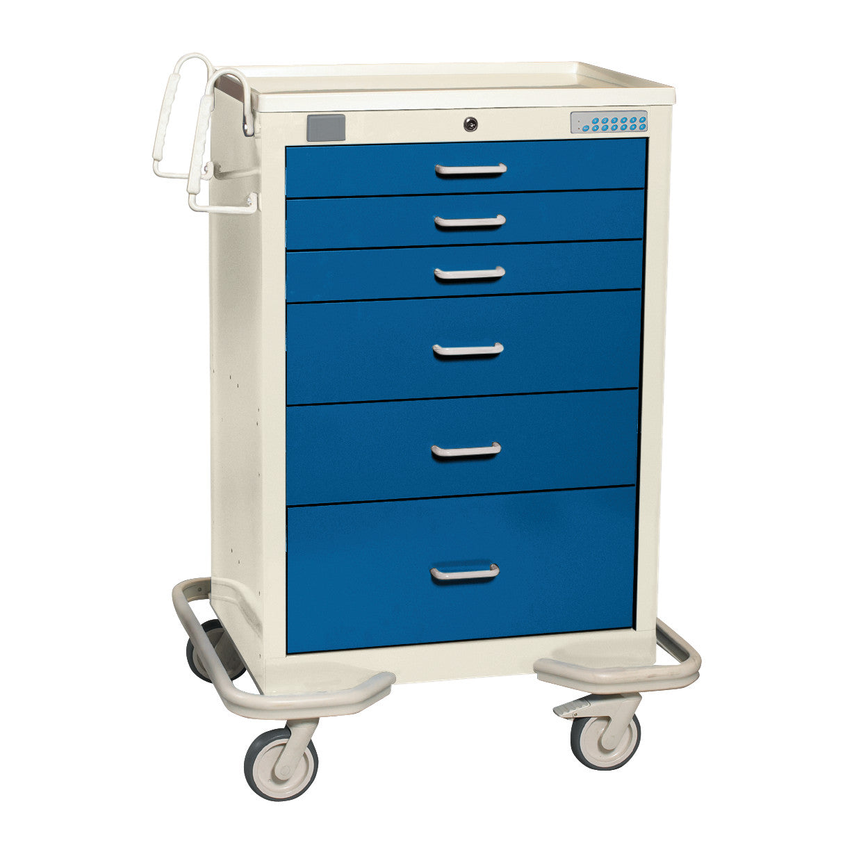 AliMed Standard Series 6-Drawer Anesthesia/Procedure Cart with Proximity Lock, 30" Drawer Space; features blue drawers on wheels.