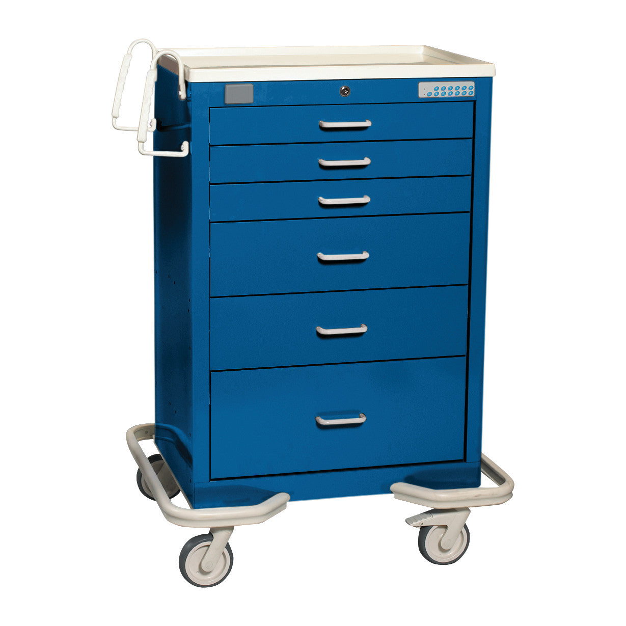 AliMed Standard Series 6-Drawer Anesthesia/Procedure Cart with Proximity Lock, 30" Drawer Space. It has a blue body and wheels.