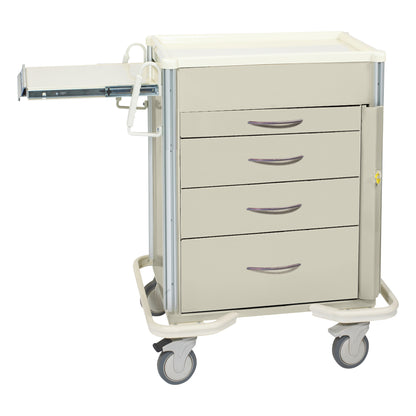 AliMed Select Series 4-Drawer Emergency Cart with side shelf extended, lockable doors, and four wheels for mobility.