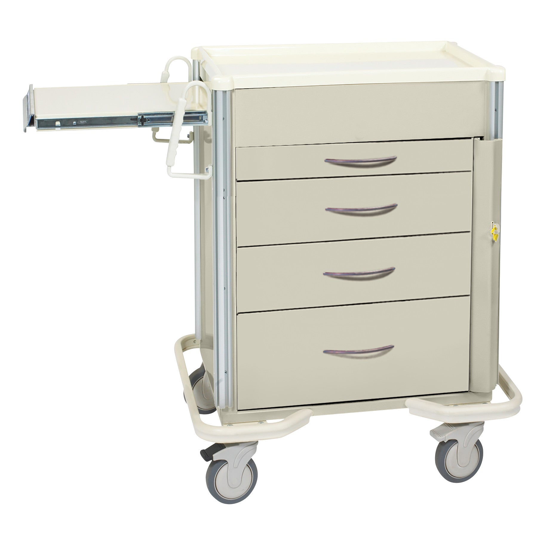 The AliMed Select Series 4-Drawer Emergency Cart features four drawers, a side pull-out shelf, and wheels for mobility.