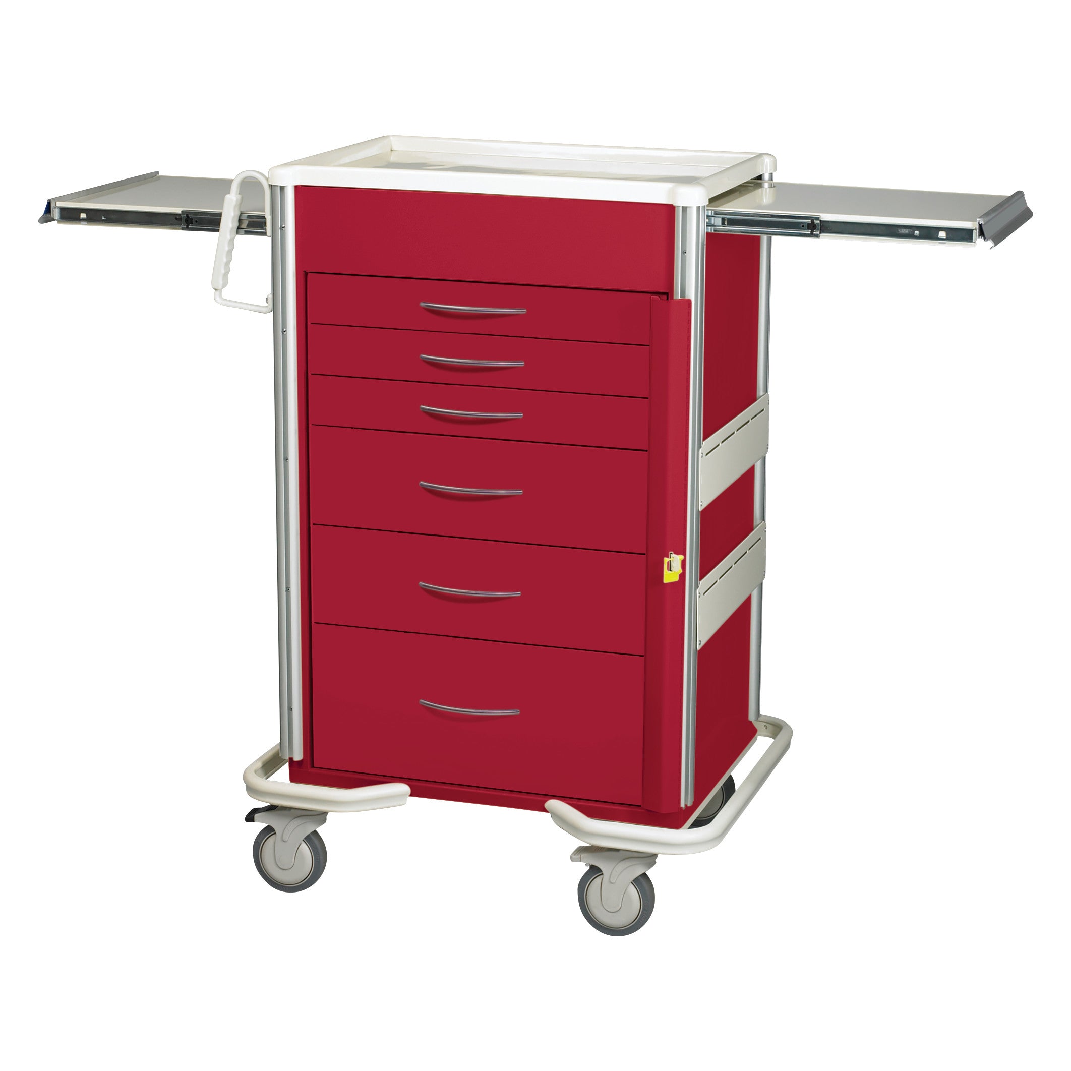 The AliMed Select Series 6-Drawer Emergency Cart features 30" of drawer space in red, with side trays and casters for mobility.