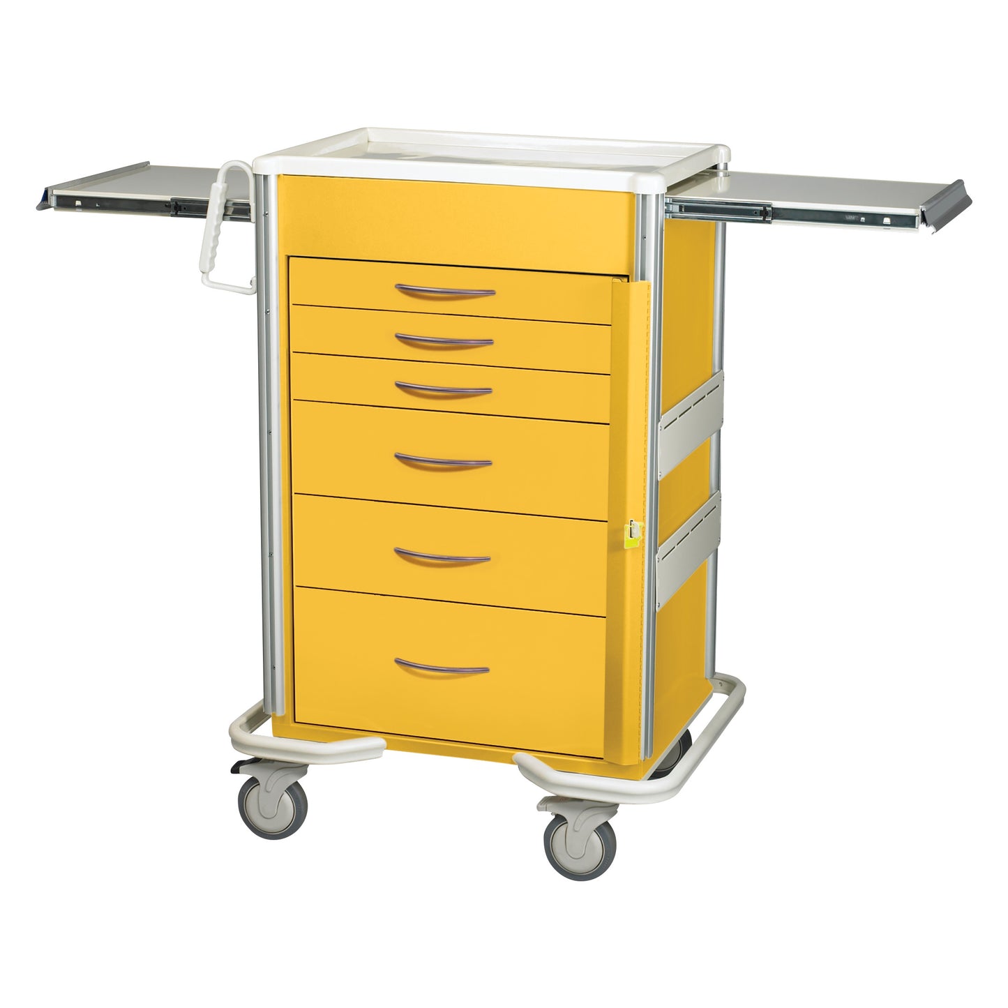 Yellow AliMed Select Series 6-Drawer Emergency Cart with 30" drawer space, featuring extending side trays and four caster wheels.