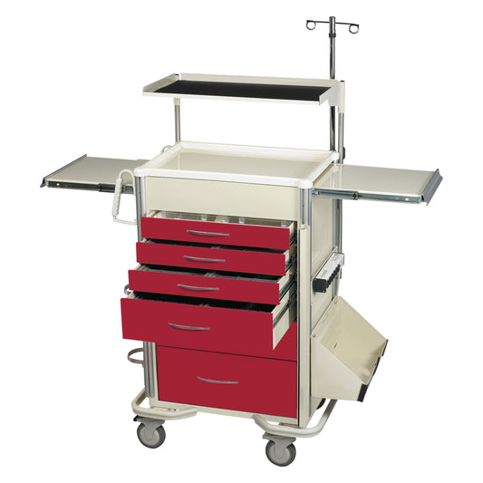 Emergency medical cart with red drawers, IV pole, pull-out trays, wheels, titled "Accessory Packages for AliMed Select Series."