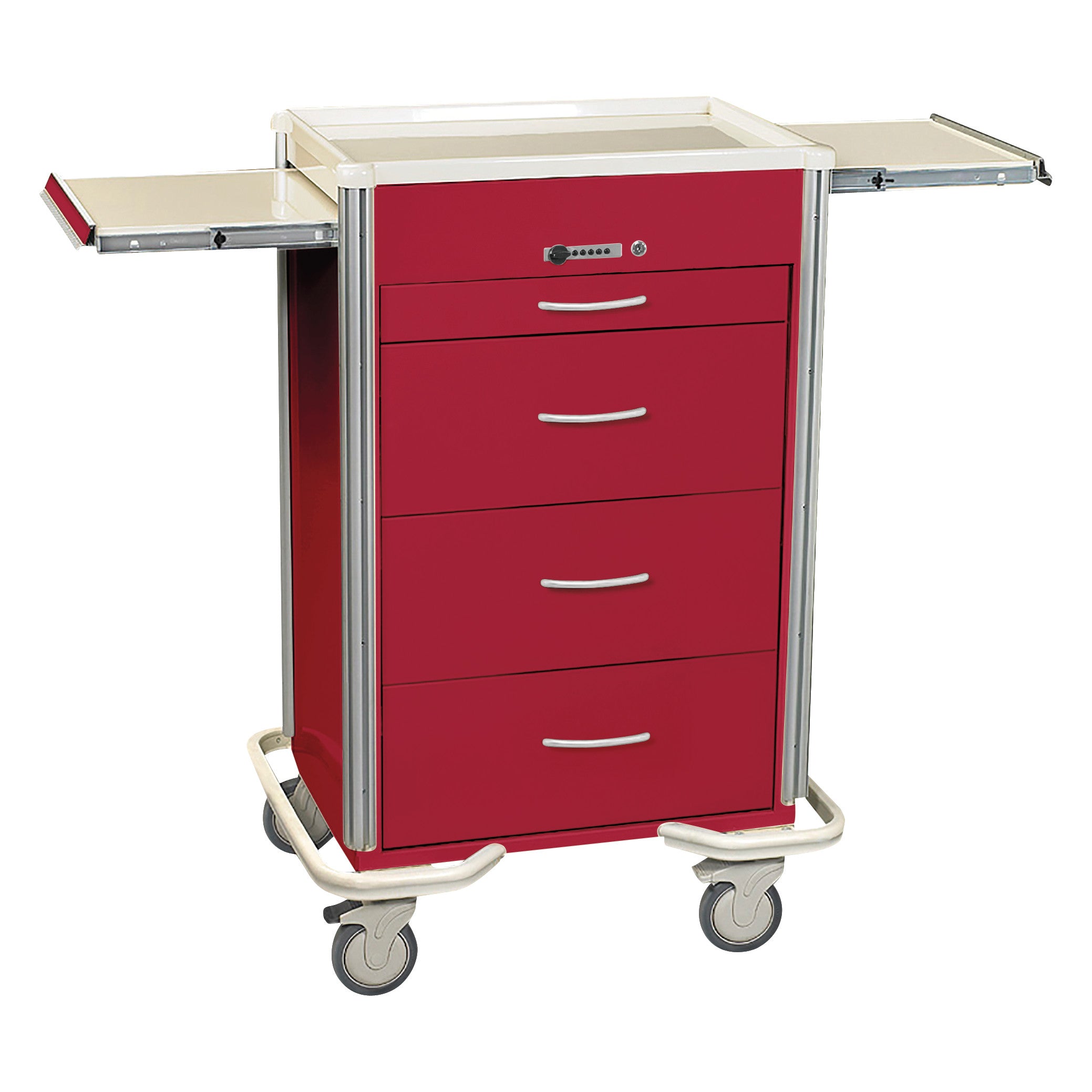 AliMed Select Series 4-Drawer Isolation Cart with Push-Button Lock, red, features side extensions and rolls on swivel casters.