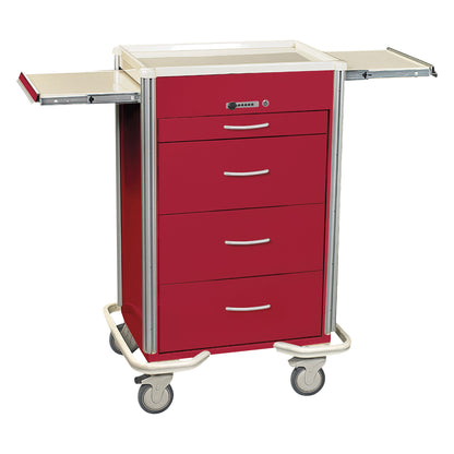 AliMed Select Series 4-Drawer Isolation Cart with Push-Button Lock, red, features side extensions and rolls on swivel casters.