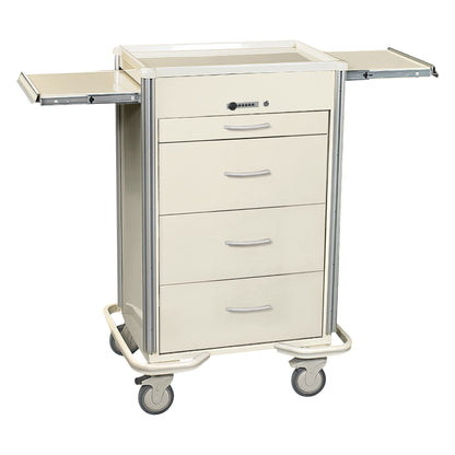 AliMed Select Series 4-Drawer Isolation Cart with Push-Button Lock. It features extendable trays, four drawers, and swivel wheels.