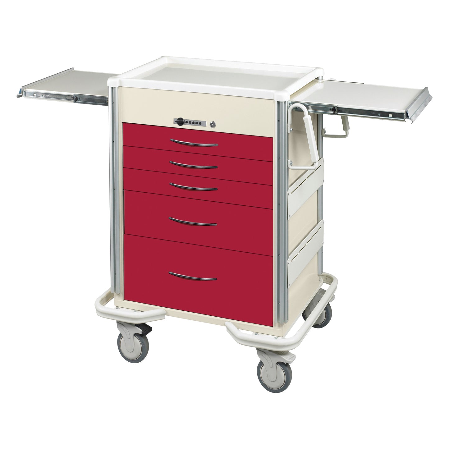 AliMed Select Series 5-Drawer Anesthesia/Procedure Cart with Push-Button Lock, featuring red drawers and extendable side trays.
