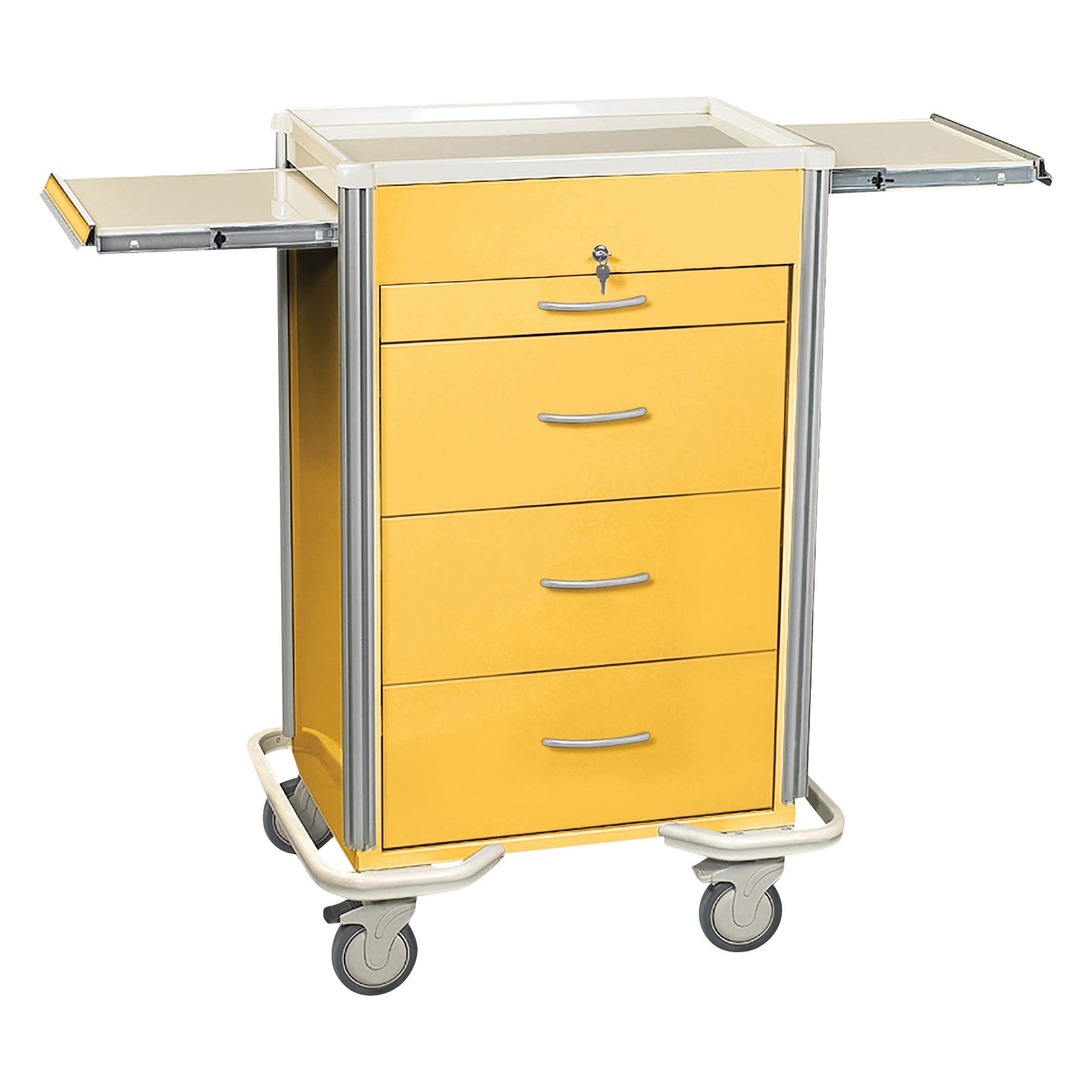 Yellow AliMed Select Series 4-Drawer Isolation Cart with Key Lock, featuring four drawers, two side pull-outs, and caster wheels.