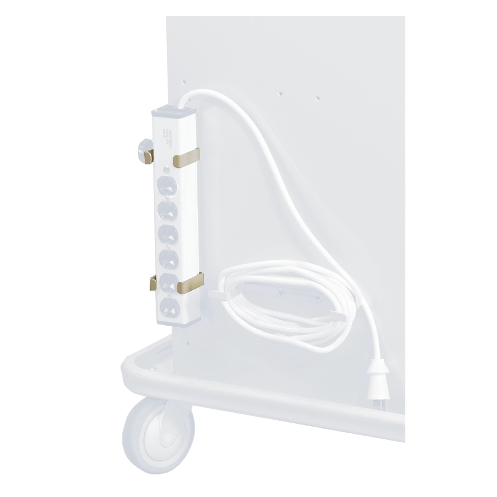 AliMed Cart Accessory: Cord Wrap Bracket for Six-Outlet Strip, attached to a medical cart with a coiled cable.