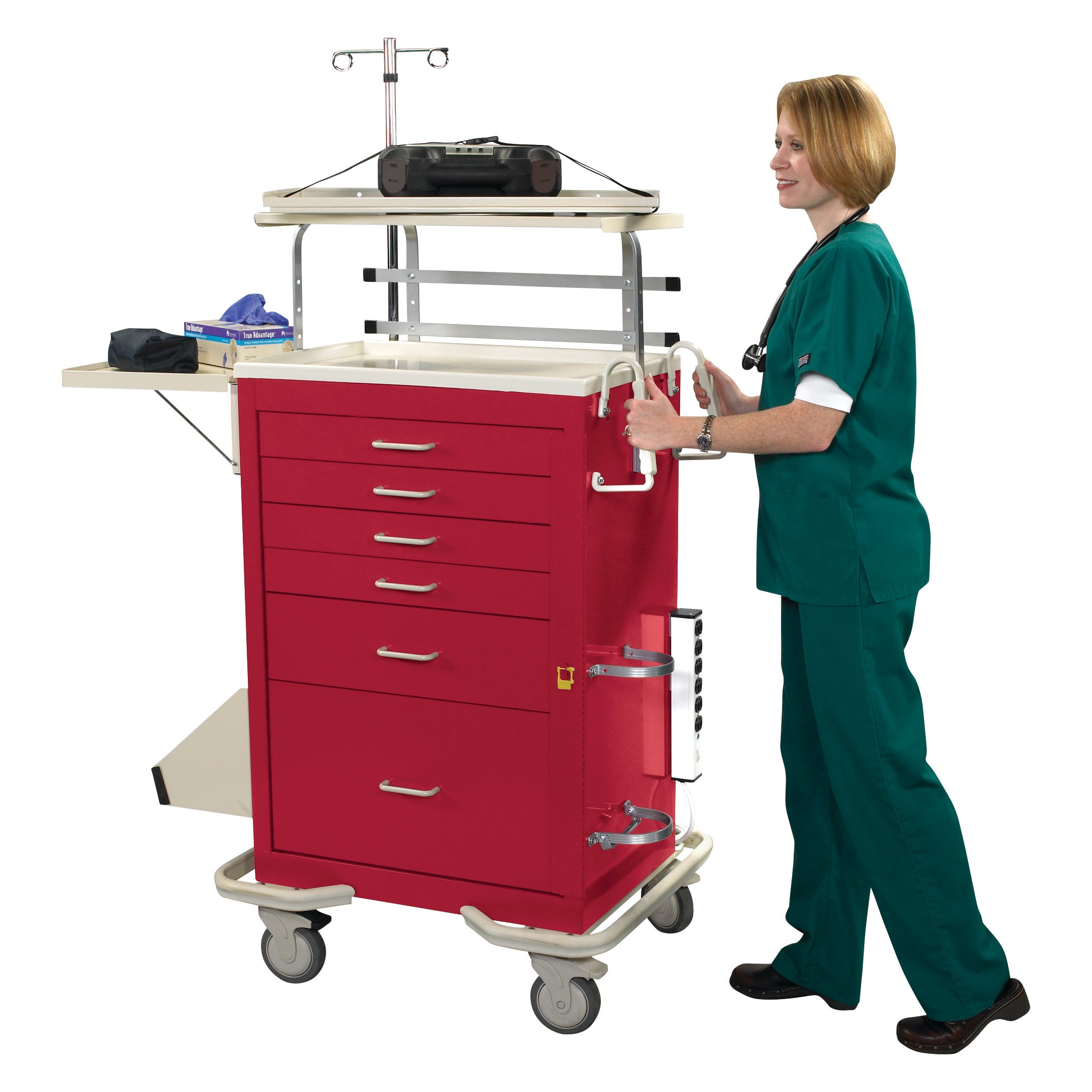 A nurse in green scrubs pushes a red AliMed Standard Series Emergency Medical Cart with multiple shelves and accessories.