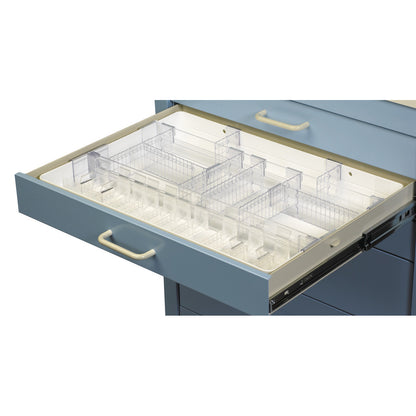 An open drawer shows the AliMed Cart Accessory: Full Drawer Tray Kit for 3"H Drawers, featuring adjustable clear dividers.
