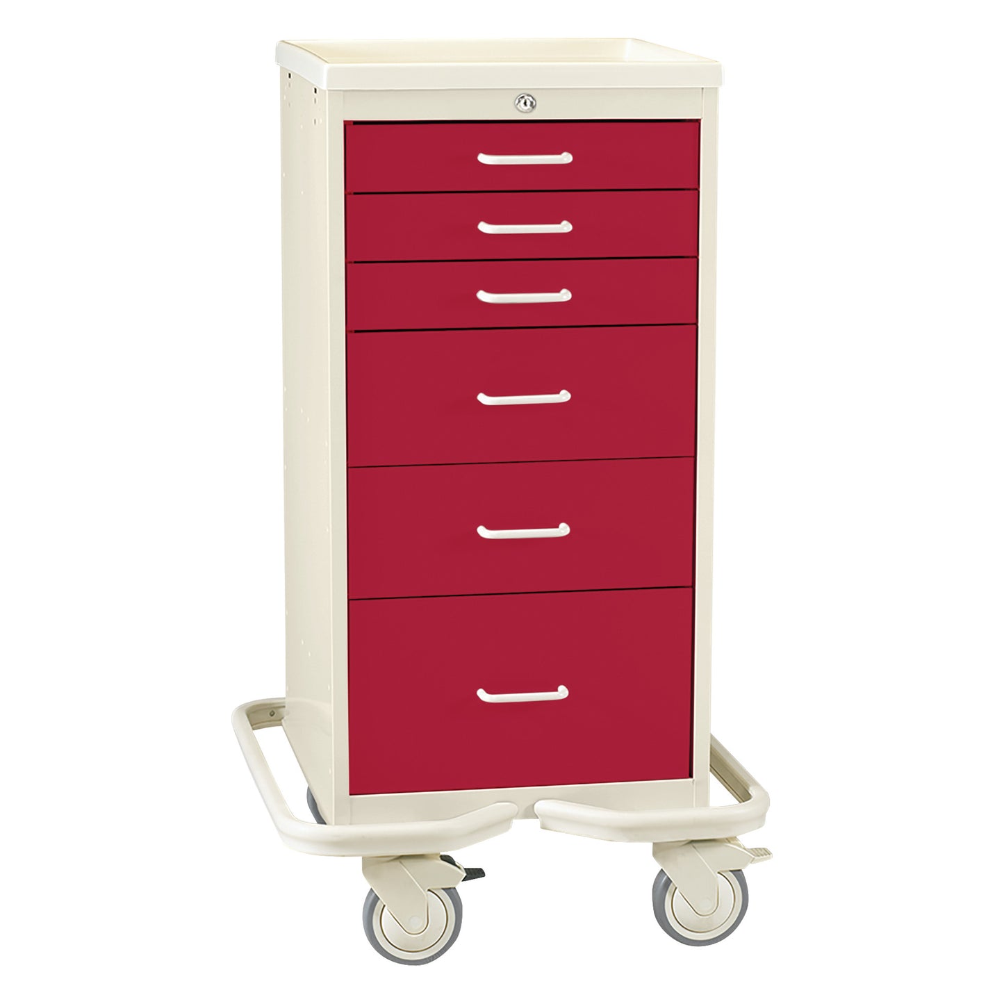 A red AliMed Mini Series 6-Drawer Anesthesia/Procedure Tower Cart with Key Lock, featuring wheels and a beige frame.
