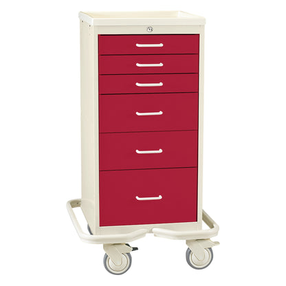 A red AliMed Mini Series 6-Drawer Anesthesia/Procedure Tower Cart with Key Lock, featuring wheels and a beige frame.