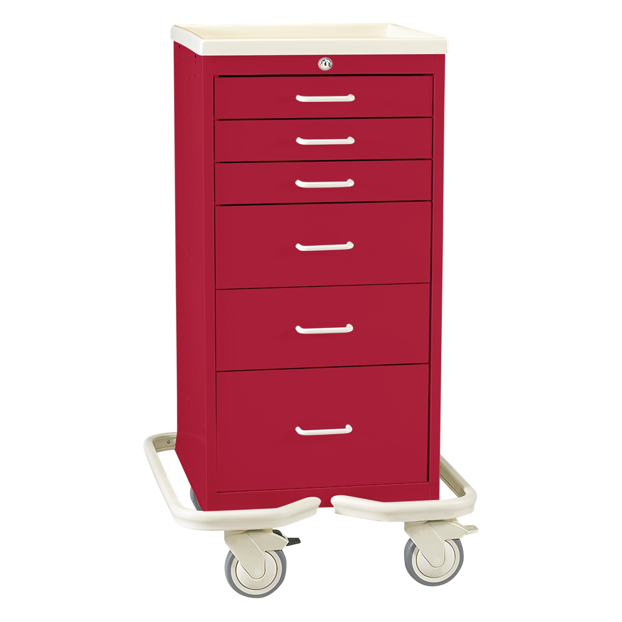 Red AliMed Mini Series 6-Drawer Anesthesia/Procedure Tower Cart with Key Lock, featuring white handles and casters for mobility.
